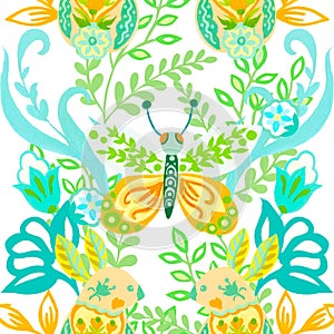 Seamless repeate pattern design with flower folk butterflies and rabbit spring and summer on a white