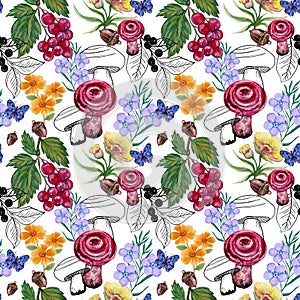 Seamless repeate pattern design with mushrooms, butterfly, berry, oak, black outline and colorful flowers