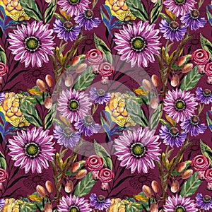 Seamless repeate pattern design with mushrooms, gerbera, butterflies, nut, black outline and colorful flowers