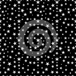 Seamless repeated pattern with white stars on black. Vector illustration.