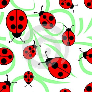 seamless repeating asymmetrical pattern of ladybugs on a white and green background