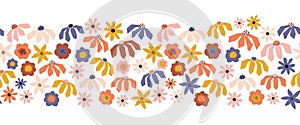 Seamless repeating Flower border blue purple orange yellow pink. Cute floral horizontal kids pattern Scandinavian style abstract