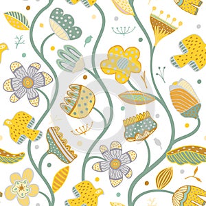 Seamless repeating pattern with abstract flowers, birds and leaves in blue yellow colors. Flat simple fabric, gift wrap