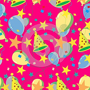 Seamless repeating pattern of balloons, caps, confetti