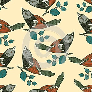 A seamless repeating pattern of birds sitting on a branch.Vector