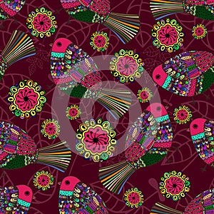 Seamless repeating pattern of colorful birds