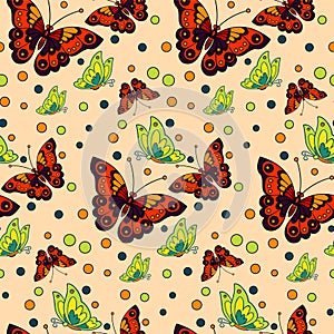 Seamless repeating pattern with colorful butterflies and circles