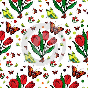 Seamless repeating pattern with colorful butterflies and tulips.