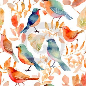 Seamless Repeating Pattern Colorful Various Birds And Leaf In Watercolor