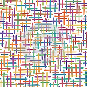 Seamless repeating pattern. Crossed multicolored stripes on a white background. Abstract geometric texture. Vector illustration.