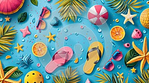 Beach items pattern in bright summer colors.