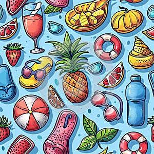 Fun pattern with vibrant beach accessories.