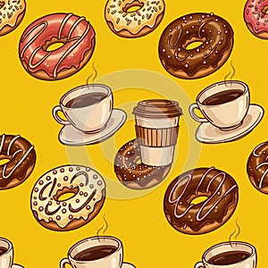 A seamless repeating pattern featuring various doughnuts and coffee cups against a