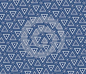 Abstract geometric pattern with dotted lines and triangles in blue and white. Ethnic style.