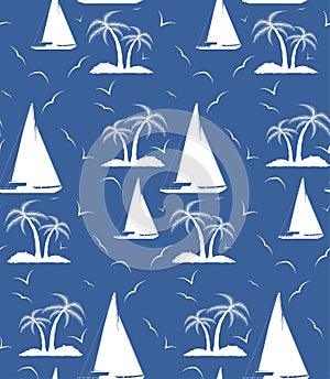 A seamless repeating pattern of palm trees and sailing ships.Vector