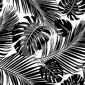 Seamless repeating pattern with silhouettes of palm tree leaves.