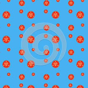 Seamless repeating pattern of tomato slices on a blue background.