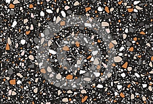 Seamless repeating terrazzo pattern in green, yellow, black and white on a pastel pink background.