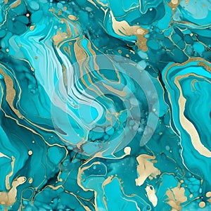 seamless repetitive pattern of turquoise marble with golden wisps and swirls - generative AI