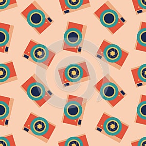 Seamless retro Camera pattern in Flat style. Old Retro film photo camera with strap isolated on white background