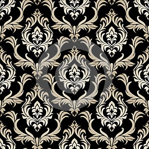 Seamless retro damask Wallpaper - silver floral Ornament on black.