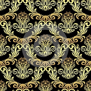 Seamless retro Damask Wallpaper with Tulip Flowers - gold on black