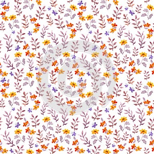 Seamless retro decorative floral swatch. Cute flowers, leaves and retro butterflies. Aquarelle