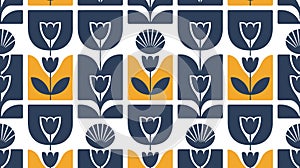 Seamless Retro Floral Tile Pattern with Tulips in Blue and Gold