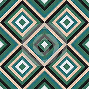 Seamless retro geometric pattern with squares that make movement illusion. Orange, green, turquoise, grey. For fabric, wrapping,