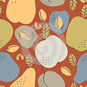 Seamless retro pattern. Autumn harvest of fruits apples, pears, plums, earthy colors