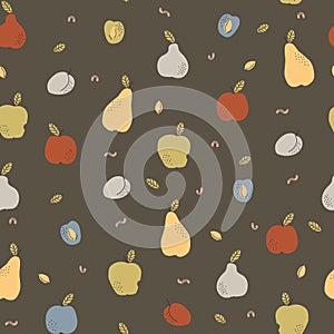 Seamless retro pattern. Autumn harvest of fruits apples, pears, plums, earthy colors