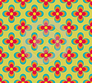 Seamless retro pattern with blue and red flowers