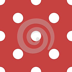 Seamless retro pattern with large white polka dots on a red background. Flat style vector illustration