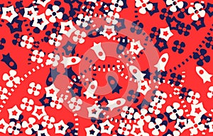 Seamless retro pattern of small flowers, stars and rockets