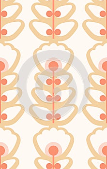 Seamless retro pattern with white geometric flowers with beige contour on white background. Vector simple floral texture