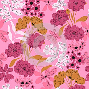 Seamless retro style floral pattern design. Botanical texture with hand drawn flowers, leaves, branches. Vector illustration