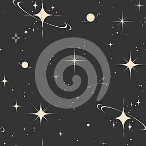 Seamless retro style space pattern with stars, planets, and orbit lines on a dark background Vector