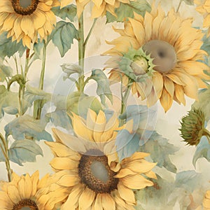 Seamless retro sunflower pattern, ai generative illustration