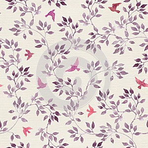 Seamless retro wallpaper with cute birds and ditsy hand painted leaves. Vintage watercolor