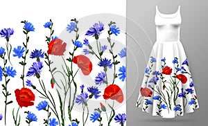 Seamless rim. Border with Herbs and wild flowers, leaves. Botanical Illustration Colorful illustration on dress mockup.