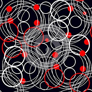 Seamless rings retro pattern. 1960s style. Red, black, white. Backgrounds textures shop eps10