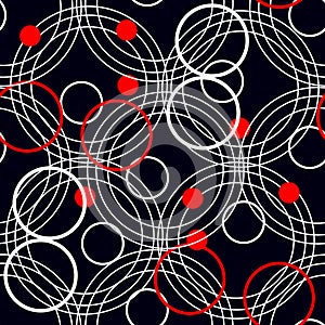 Seamless rings retro pattern. 1960s style. Red, black, white. Backgrounds textures shop eps 10