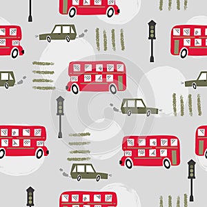 Seamless road pattern with cartoon red London bus and car.
