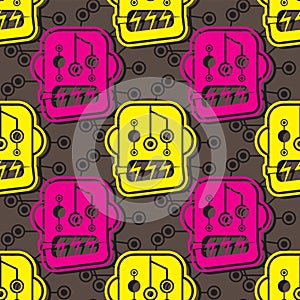 Seamless robot head pattern on a brown background. Vector image