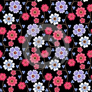 Seamless romantic floral pattern with red, white and lilac flowers and small blue leaves on black background in vector