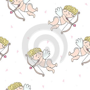 Seamless romantic pattern with cupids. Valentine`s day or wedding background.