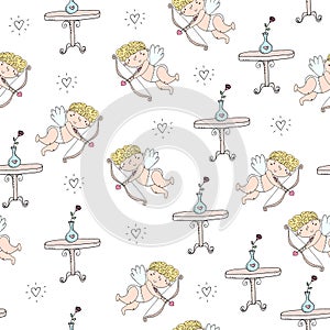 Seamless romantic pattern with cupids. Valentine`s day or wedding background.