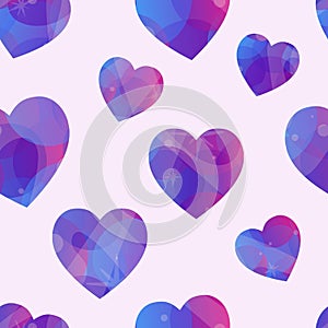 Seamless romantic pattern with hearts. Flat icons decorated with shapes, waves, gradient transparent circles. Ready-to