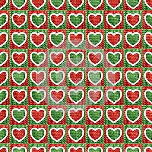 Seamless Romantic Vintage Scandinavian Style Colorful Knitted Fur Trim Hearts on green background pattern illustration