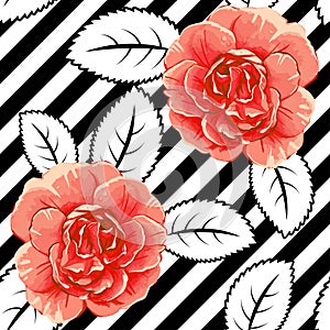 Seamless roses on stripes backgorund. Abstract leaves. Vector pattern.